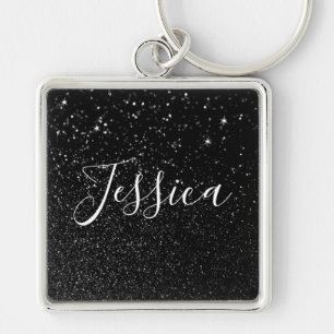Nep zwart glitter bokeh foto gepersonaliseerd sleutelhanger