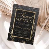 Nep zwart glitter goud elegant marmer Sweet 16 Kaart