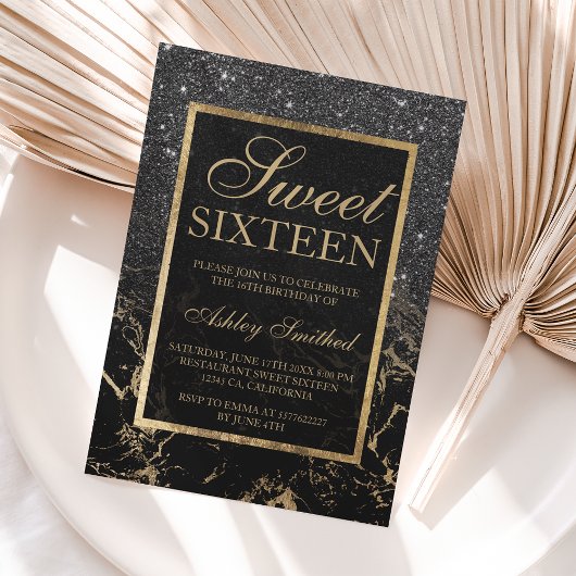 Nep zwart glitter goud elegante marmeren Sweet 16 Kaart