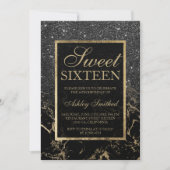 Nep zwart glitter goud elegante marmeren Sweet 16 Kaart (Voorkant)