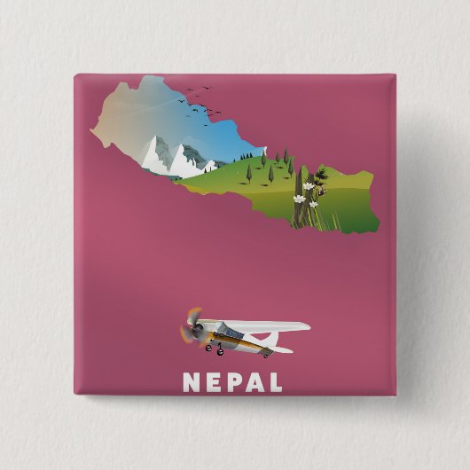 Nepal, poster kaart geïllustreerd vierkante button 5,1 cm (Voorkant)