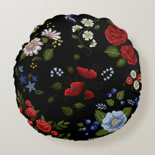 Nepborduurwerk Rood & Blauwe Bloemen    Rond Kussen