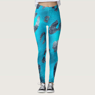 Nepfolie Glanzende Zilveren en Blauwe Luipaardprin Leggings