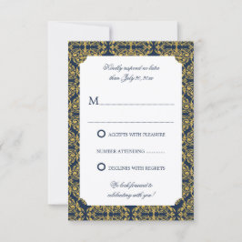 Nepgoud Bloei Damast Navyblauw RSVP Kaart