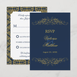Nepgoud Bloei Damast Navyblauw RSVP Kaart