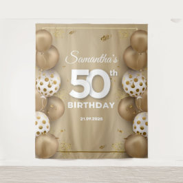 Nepgoud en witte ballonnen 50ste verjaardag wandkleed