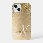 Nepgoud geborsteld metaal glitter afdruk monogram iPhone 15 case (Achterkant)