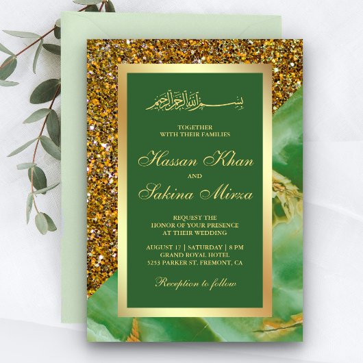 Nepgoud Glitter Groene Marmer Moslim Bruiloft Kaart