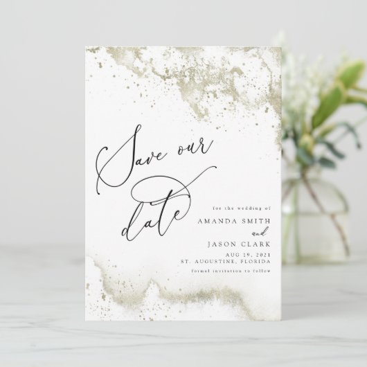 Nepgoud Glitter Modern Script Save the Date Kaart (Staand voorkant)