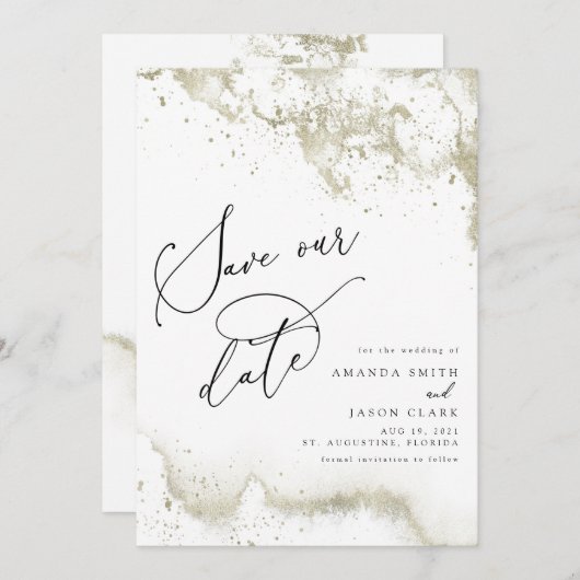Nepgoud Glitter Modern Script Save the Date Kaart (Voorkant / Achterkant)