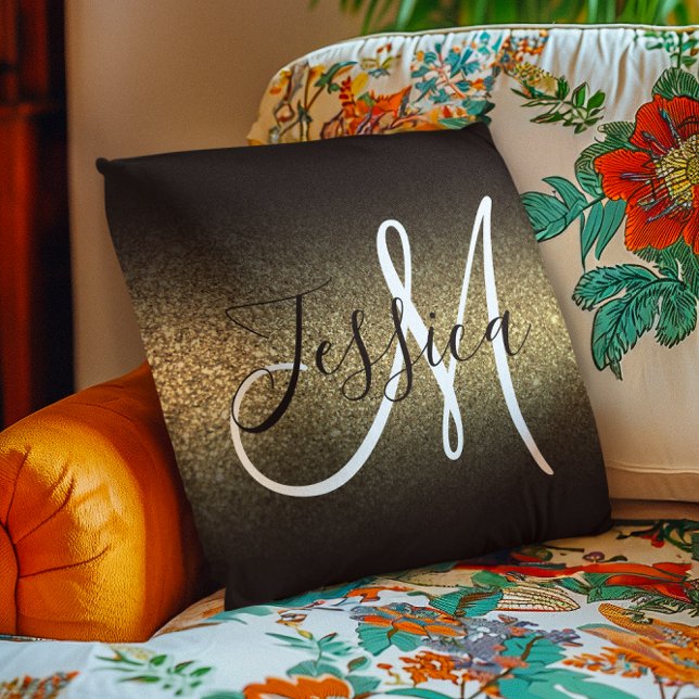 Nepgoud Glitter Zwarte Ombre Monogram Kussen (Faux Gold Glitter Black Ombre Monogram Throw Pillow)