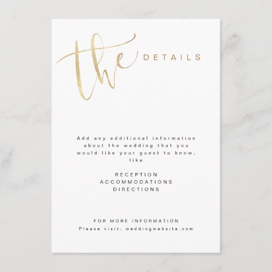 Nepgoud Moderne Eenvoudige Script Huwelijksdetails Informatiekaartje (Voorkant)