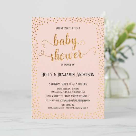 Nepgouden confetti typografie blozende babyshower kaart (Staand voorkant)