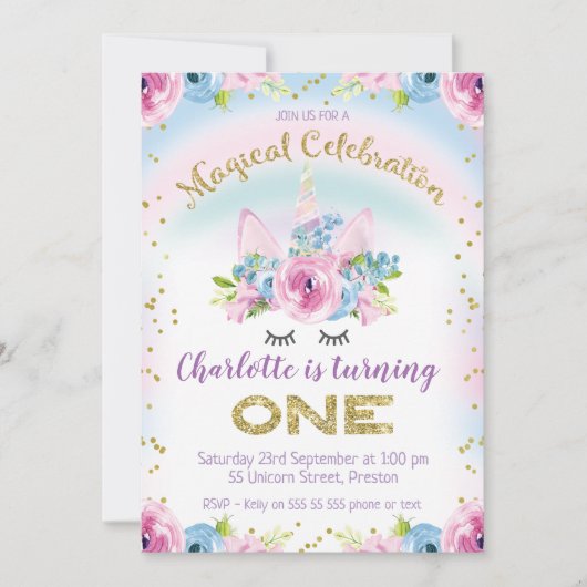 nepgouden Eenhoorn Regenboog 1e Verjaardagsuitnodi Kaart (Voorkant)