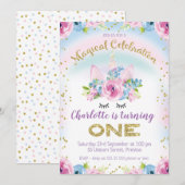 nepgouden Eenhoorn Regenboog 1e Verjaardagsuitnodi Kaart (Voorkant / Achterkant)