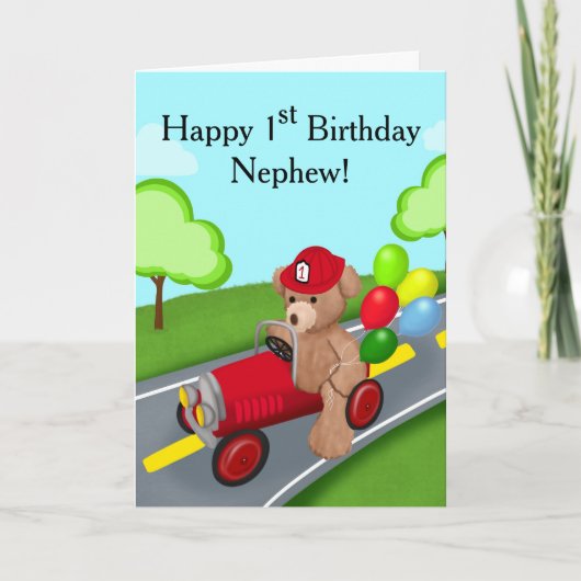 Nephew 1e verjaardag Teddy Bear Firetruck Kaart (Voorkant)