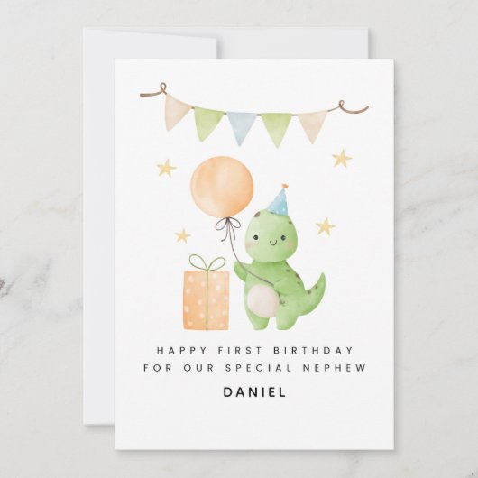 Nephew 1st Birthday Card Cute Watercolor Dinosaur Kaart (Voorkant)