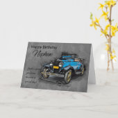 Nephew, blauwe auto op Waterverf achtergrond Kaart (Gele Bloem)