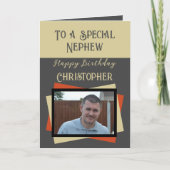 Nephew foto naam grijs oranje verjaardag kaart (Voorkant)