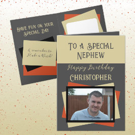 Nephew foto naam grijs oranje verjaardag kaart