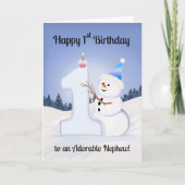 Nephew Happy 1st Birthday Snowman Building Kaart (Voorkant)