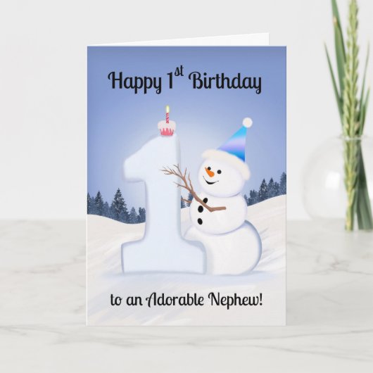 Nephew Happy 1st Birthday Snowman Building Kaart (Voorkant)