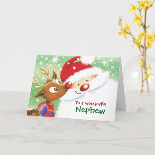 Nephew, Kerst, Schattige rendier & Kerstman Kaart (Gele Bloem)