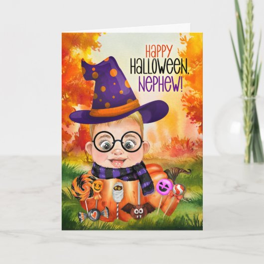 Nephew Little Wizard Boy Pumpkin voor Halloween Feestdagen Kaart (Voorkant)