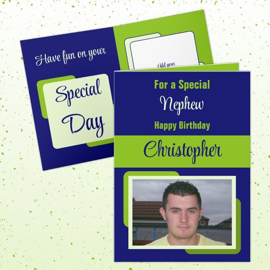 Nephew naam foto blauwe groene verjaardag kaart