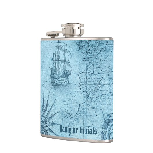 Nepkaart van de Oude Wereld, flesje van 6 oz met v Heupfles (Links)