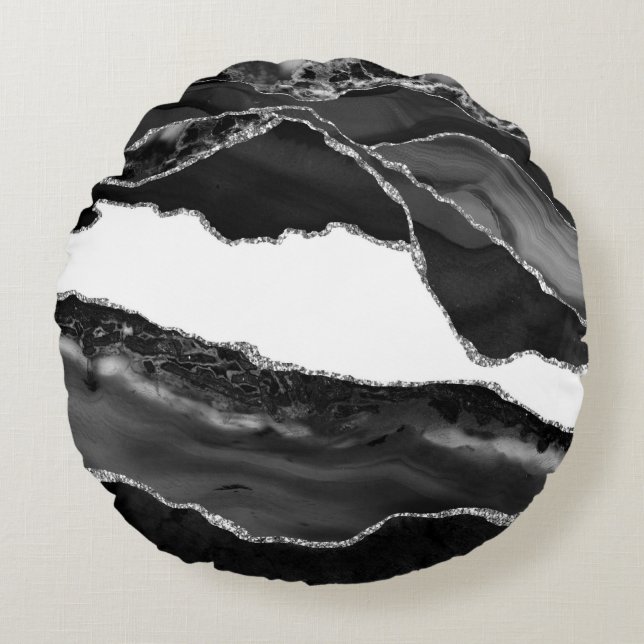 Nepmarmer Agate Zwart Wit Trendy Moderne Steen Rond Kussen (Voorkant)