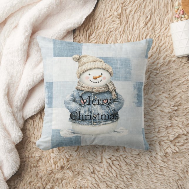 Neppe Blauwe Denim Sneeuwman Kerstmis Kussen (Deken)