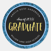 Neppe Blauwe Glitter Afgestudeerde Afstuderen Ronde Sticker (Voorkant)