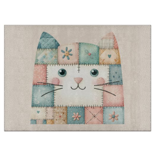 Neppe Lapwork Pastel Cottage Kitty Gezicht Snijplank (Voorkant)