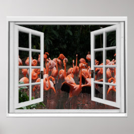 Neppe raam uitzicht Roze Flamingo's Poster