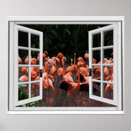 Neppe raam uitzicht Roze Flamingo's  Poster (Voorkant)