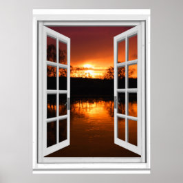 Neppe raam uitzicht zonsondergang poster