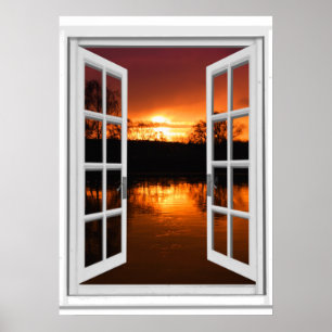 Neppe raam uitzicht zonsondergang poster