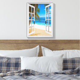 Neppe Venster Uitzicht Strand Oceaan Canvas Afdruk
