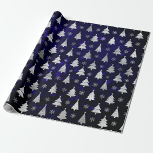 Neppe zilverkleurige folie kerstbomen & blauwe bok cadeaupapier