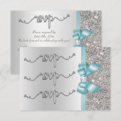 Neppeelblauwe strik zilveren pailletten RSVP bruil Kaartje (Voorkant / Achterkant)