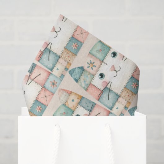 Neppige Patchwork Pastel Cottage Kat Kop Tissuepapier (Cadeauzakje)