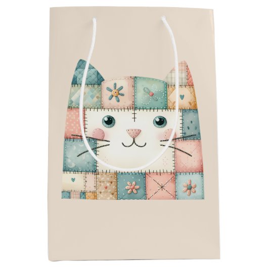 Neppige Patchwork Pastelkleurige Kattengezicht Cot Medium Cadeauzakje (Voorkant)