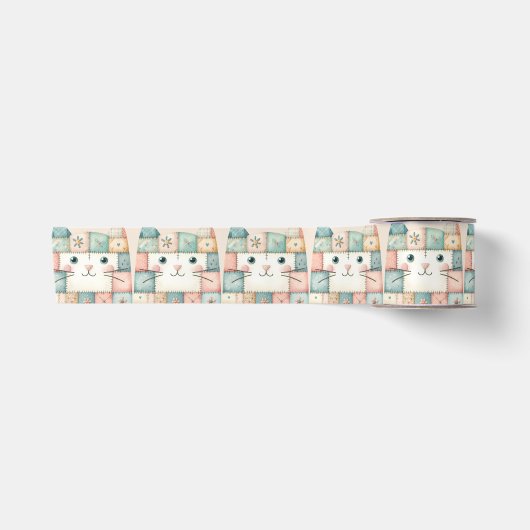 Neppige Patchwork Pastelkleurige Kattengezicht Cot Satijnen Lint (Voorkant)