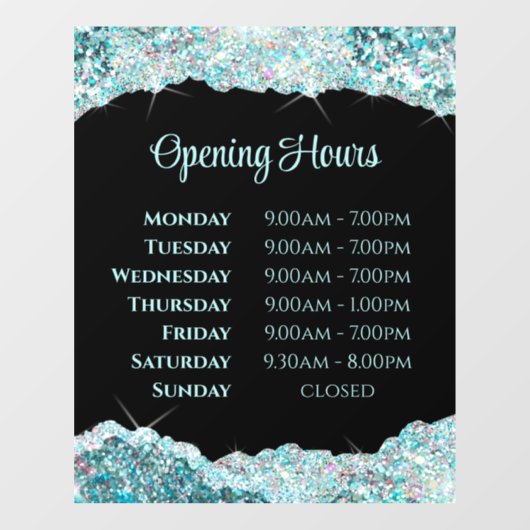Neppige turquoise glittersjabloon openingstijden r raamsticker (Vel)