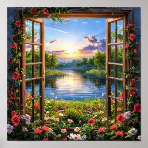 Nepraam Landschap Ramen Illusie Natuur Uitzicht Poster