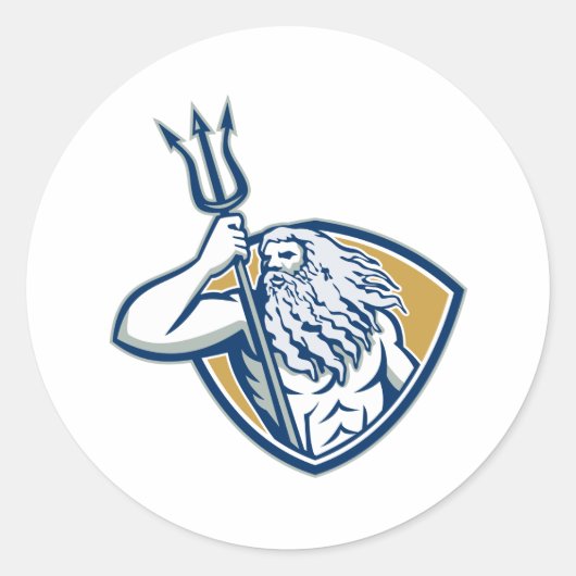 Neptune Poseidon Trident Shield Retro Ronde Sticker (Voorkant)