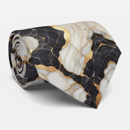 Nepzijden stropdas | Zwart, Wit + Goud Marmer (Opgerold)