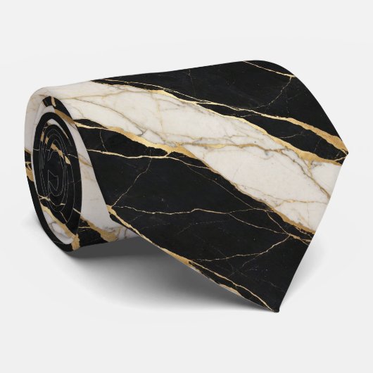 Nepzijden stropdas | Zwart, Wit + Gouden Marmer (Opgerold)