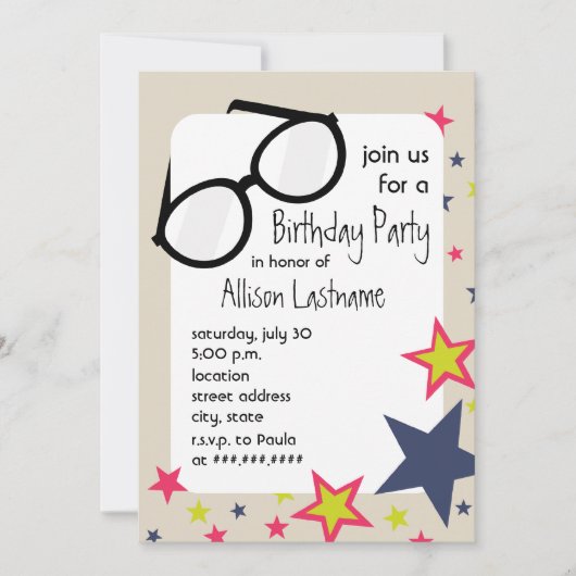 Nerd Glasses & Stars Birthday Party Invitation Kaart (Voorkant)